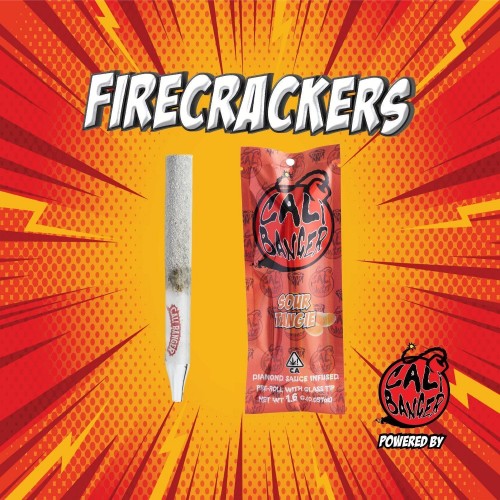 CALI BANGERS DIAMOND SAUCE INFUSED PRE ROLL 1 - DA GREEN CORNER LOS ANGELES WEED DELIVERY DISPENSARY KOREA TOWN MID CITY DOWNTOWN "Close-up of a Cali Bangers Diamond Sauce Infused Pre-Roll, showcasing the sleek packaging and high-quality pre-roll infused with diamond sauce. The pre-roll is packed neatly and is surrounded by branding on the label, indicating premium cannabis content.