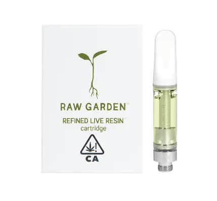 "Raw Garden 1g vape cartridge featuring premium, full-spectrum cannabis oil in a sleek, clear glass cartridge with a gold accent. Known for its high-quality concentrate and potency, perfect for a smooth and flavorful vaping experience."